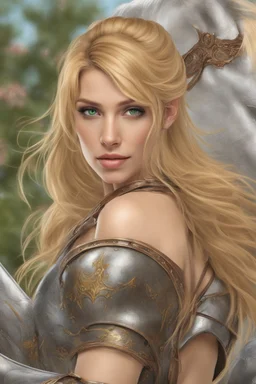 A beautiful woman with blond hair and green eyes. Knight, leather armor.