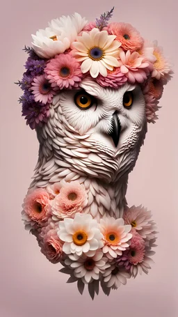male with owl head made from a lot of beautiful flowers , skin textured, pale colors smooth contrast,