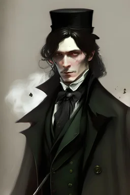 A man in a long black coat, with a black waistcoat and a white shirt, unbuttoned at the top . He's wearing a slightly crumpled top hat and has long brown hair. He carries a walking cane with a red crystal, round handle. He has green eyes. In the style of gothic & steam punk. He is about 28 years old.