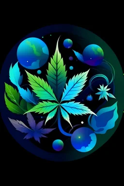 CREATE A Galactic Garden Logo Color Palette:Cosmic Blues: Dark and light shades of blue to represent the vastness of space. Lush Greens: Earthy greens to symbolize the natural and organic aspect of gardening. Stellar Purples: Deep purples for a touch of mystery and sophistication. Main Elements: Plant Imagery: Integrate cannabis leaves, a growing plant, or a cannabis bud to emphasize the gardening