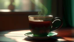 Close up view of a hot cup of freshly brewed black tea. The steam rises in wispy curls off the surface of the pale green liquid. Fresh mint leaves float on top of the tea. The cup sits on a wooden table with sunlight streaming in from a nearby window. Extremely detailed image.