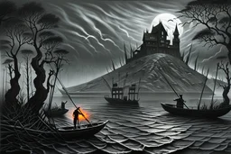 on the dark river in a boat the crepy boatman is the death goes for the souls of the dead people, surreal style, dark colors, strange landscape, detailed, sinister, depressive, surreal style crepy stunning