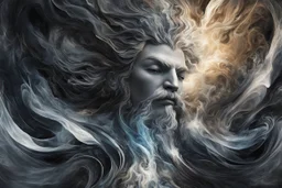 A captivating digital art piece portraying an abstract and mysterious Zeus, using dark hues and fluid shapes to convey the divine presence, (captivating digital art:1.4), (abstract and mysterious Zeus:1.5), (dark hues and fluid shapes:1.3), (expressive and divine ambiance:1.2), influenced by abstract interpretations of classical mythology and the enigmatic nature of the divine, trending on CGSociety, Intricate, Sharp focus, atmospheric lighting, (captivating:1.4), (godly ambiance:1.5)