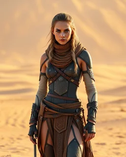 Dune Movie character ,fullbody stand on the desert Young Woman Warrior futuristic clothing ,deep blue eyes in Dune Movie Character