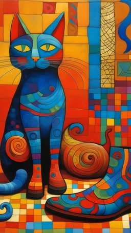 El gato con botas enfrentando a un dragón al estilo Kandinsky