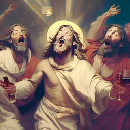 Jézus és mózes, és Szent péter a menyországban ünnepelnek, nagyon részegek, folyik a bor, és énekelnek