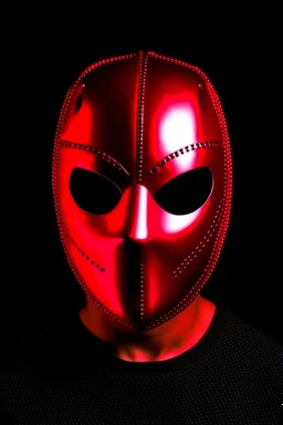 Create a metal mask that covers the full face. The eye openings should be recessed and obscure the wearer’s eyes, showing them as glowing red. It should be gunmetal gray color and have symmetrical holes over the mouth area that glow slightly red. It should be worn by a rabbit and have a black hood