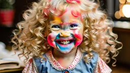 A cute little girl, curly blonde hair, the look on her smiling face.