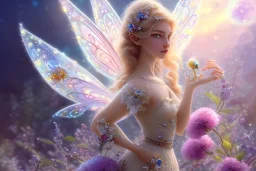 one very little beautiful fairy on a big crystal subtle flower in a galactic ambiance, transparent petals, delicate colors, in the foreground, full of details, smooth, bright sunshine，soft light atmosphere, light effect，vaporwave colorful, concept art, smooth, extremely sharp detail, finely tuned detail, ultra high definition, 8 k, unreal engine 5, ultra sharp focus