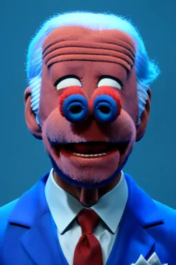 Waist up muppet Portrait, joe Biden as muppet doll, Blue suit retro style, photo studio, blue background, unreal engine 5, concept art, art station, god lights, ray tracing, RTX, lumen lighting, ultra detail, volumetric lighting, 3d.