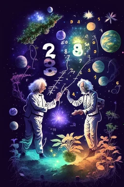 Albert Einstein and Richard Feynman playing with numbers in outerspace with plants, cosmic gas, stars, moons, and comets dancing around them