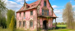 A light pink crumbling house near a field designed in German folk art painted by Albrecht Durer