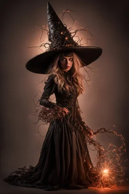 wizard hat Halloween vintage girl, fullbody, creepy, horrifying, sinister, many worms parasite creature connected to heart, sparks around her, sparks cybernetic, intricate, 8k, macro photography,