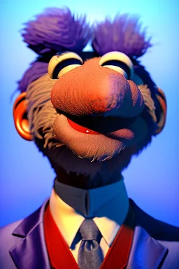 Waist up muppet Portrait, joe Biden as muppet doll, Blue suit retro style, photo studio, blue background, unreal engine 5, concept art, art station, god lights, ray tracing, RTX, lumen lighting, ultra detail, volumetric lighting, 3d.