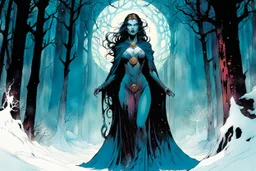 create a wildly conceptual full body illustration of sorceress with highly detailed feminine facial features, in an ethereal, otherworldly , darkened, ancient winter forest , in the comic book art style of Bill Sienkiewicz, Mike Mignola, Sparth, and Jean Giraud Moebius, finely drawn, colored and inked, suffused with dramatic natural light and shadow under a midnight blue moon