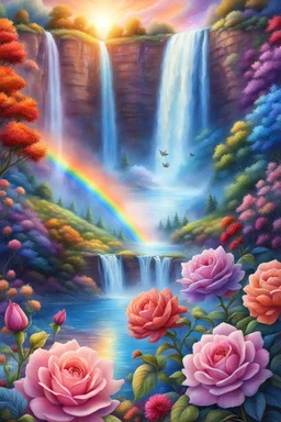 intergalactics ufos rainbows, beautiful gardens , flowers, cascades