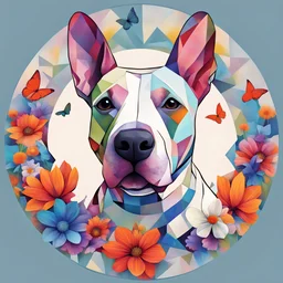 The image represents "dog bull terrier, butterfly and flowers, in a circle", which is depicted as an abstract image with geometric shapes, such as squares and triangles, arranged in a harmonious image. The colors should be bright and vibrant using blue-green, red-orange, yellow and purple. The background should be neutral to bring out the colors. The overall impression is very minimalistic, modern and artistic.​