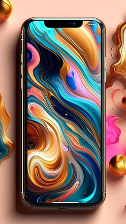 Create a visually striking iPhone wallpaper that blends abstract and natural elements. The scene should feature a vibrant, flowing mix of swirling colors and geometric patterns, with soft gradients transitioning into organic shapes like flowing water or clouds. Incorporate splashes of metallic gold or silver accents that catch the light, creating a dynamic yet serene composition. The overall aesthetic should evoke creativity, calmness, and elegance, with a modern, painterly feel.fine line draw