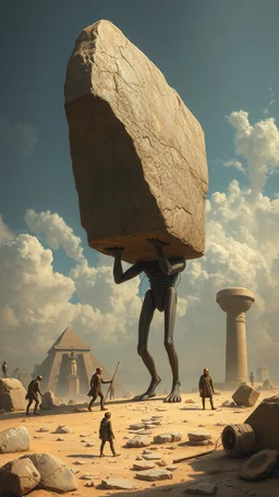 Bosch painting style giant aliens carrying a big stones building the Egyption paramount