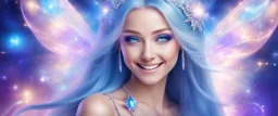 beautiful bright fairy cosmic women with cosmic long straight hair, crystal jewel and dressed with a magic crystal suit. she has light make up and a sweety smile. The face and the head is entire with a bright light behind