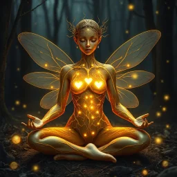 Inspired by Just Natural Touch An ethereal fairy in an enchanted forest at night, sitting in a meditative pose. Her skin is gold with intricate glowing veins resembling intertwined branches, forming an organic armor-like pattern. Small golden lights emerge from her body, creating luminous hearts along her chest and hands. She has delicate, transparent wings similar to a dragonfly's, adorned with subtle silver details. The atmosphere is magical, with fireflies and floating particles of light fill