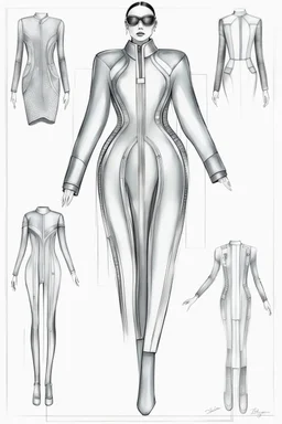 fashion illustration, draw sketches, overall from silver threads, microchip fashion, dress of the future, sci-fi dress