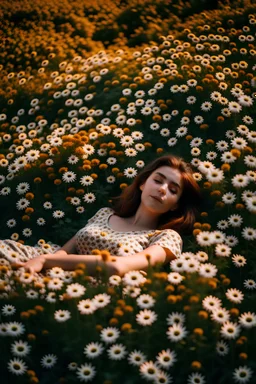 a woman laying in a field of flowers, portrait of girl in flower field, a goddess in a field of flowers, girl in a bed of flowers, tony taka, girl in flowers, girl sitting in a flower field, girl floating in a flower field, girl in a flower field, girl standing in flower field, lying on a bed of daisies