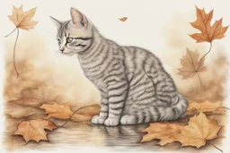 Cute soft contented kitten sweeping autumn leaves from the dirt road in the forest, reflecting water, misty morning sky, intricate zentangle, muted colours, employ golden ratio, elegant, intricate, very beautiful, high definition, hdr, pencil sketch, ultra realistic, ink, wet on wet watercolor, sparkling background