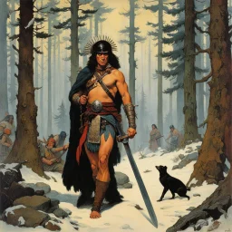 [art by Norman Rockwell] THE DEATH DEALER: tribeless barbarian in a large forest that, after the end of the Ice Age, will one day become the Mediterranean sea. When the Mongol-esque Kitzaak Horde invade the forest, various parties try to recruit Gath's aid to defend against them. One of them, the beautiful sorceress Cobra, gives Gath a helmet possessed by the god of death. The helmet gives him godlike power but at the same time tries to break Gath to its will. With the help of the worldly travel