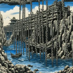 A black spongy fortress filled with chains painted by Katsushika Hokusai