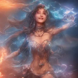 A beautiful smiling witch performing magic of water, fire, wind and earth with a wooden wand and crystal glowing in various colors with a background of large and beautiful dragons flying in an azure sky with a background of a snake Large with multiple heads, fully detailed