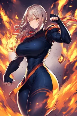 fighter girl with fire in her fist ready to fight tight sport shirt and leggins