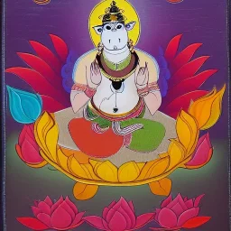 cow with wings holding a lotus and chakra in Indian painting style