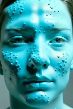 White rubber female face with rubber effect in all face with black freckles and cyan sponge rubber effect