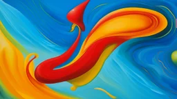 Oil painting, Abstract composition featuring a stylized figure with a large, red and yellow shape resembling a hat or shell , and flowing, organic forms in warm tones . The background is a soft, textured blue , enhancing the dynamic movement of the figure, creative, extremely detailed brush stroke