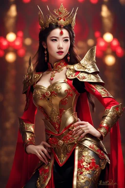 Realistic photography,front_view, Beautiful Queen fairy super model Chinese Woman, brown hair,dressing luxury party gown,looking at viewer,traditional dress ornaments mechanical armor china traditional, intricate armor, delicate golden shine bright, black metalic parts, detailed part, jewelry diamonds,dynamic pose,abstrac background, dynamic lighting, red hour, full body portrait