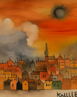 An orange colored western town engulfed in smoke painted by Paul Klee