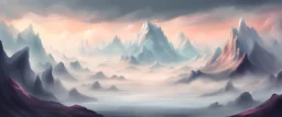 Fantasy Concept Art: majestic fantasy landscape, cartoonish art style, very foggy mountainrange, ONLY ONE BIG MOUNTAIN like moiunt everest
