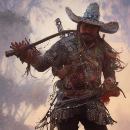 Insanely detailed photograph of an “ a mustachioed cowboy warrior "with sequenceed Sombrero, handsome charo,cigar,crossbow in hand, hyperdetailed painting by Ismail Inceoglu Huang Guangjian and Dan Witz CGSociety ZBrush Central fantasy art album cover art,8K, hdr, mysterious, flickeringlights ,Stoic