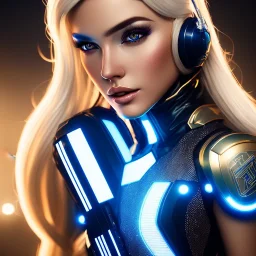 A beautiful portrait of a cute blond cyberpunk woman, high key lighting, volumetric light high details with white stripes and feathers and blue celtic paterns and helmet