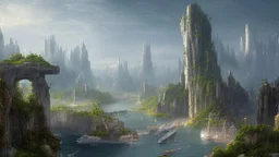 Many spaceliners docked at a huge busy spaceport, with gantries and walkways, setting into the side of a huge cliff, trees, vines and plants, Star Wars, Star Trek