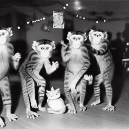 Old photo of new year's party monkey with dancing cats