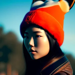 mdjrny-v4 style, cute asain girl wearing a fox hat by greg rutkowski and Guwiez, depth of field, cinematic lighting, 8k uhd, redshift render