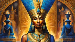 acrylic illustration, acrylic paint, oily sketch,1Nefertiti, portrait of godanubis in front altar with groups of egyptian, aura, magic, sparks, magic astral, ornate, details