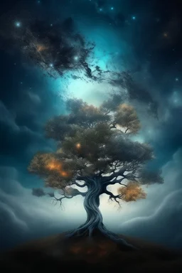 The tree in another dimension surrounded with stars and galaxies and clouds and fogs, Busch painting nightmare style , 3D , scary, magical, mysterious