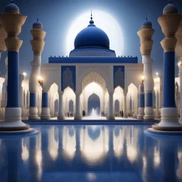 Hyper Realistic Majestically Beautiful Navy-Blue-&-White-Mosque with Muslim-men-worshiping outside-&-inside, small-water-fountains-&-Light-lamps with dramatic-lightings & cinematic-ambiance