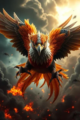 Create a ultra high definition and photorealistic image, 12k quality of a beautiful phoenix, majestic and strength showing, emphasis on texturized claws, upclose with a front view flying towards the camera, centre of an explosive and chaotic background scene of Armageddon where he is followed by demon like dark clouds in persuit trying to grab him, phoenix has striking eyes and determined look, majestic wings folded inwards in flight, bright auburn, black, white, grey and yellow colours, gothic