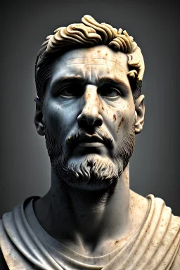 Ultra Realistic image, Roman sculpture, white marble material, Lionel Messi, gold Laurel leaves wreath, renaissance ornaments, one gold star in heart, marble background, chisel style, waist up portrait, epic, celestial, cinematic lighting, God light, god rays, 4k resolution, smooth details, ornate details, soft lighting, unreal engine 5, art station, substance 3d.