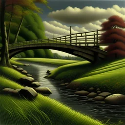 A plain with a bridge painted by Frank Wilson