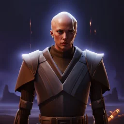 a bold and heroic bald male Corellian pilot in black and metallic grey First Order special forces gear meets a female Jedi Master in ancient, mystical temple, hyperdetailed, dynamic lighting, hyperdetailed background, 8k resolution, volumetric lighting, light skin, fully symmetric details